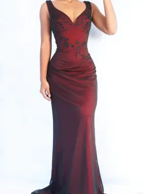 Charming V-neck Mermaid Black Red Long Evening Prom Dress Online, OL055