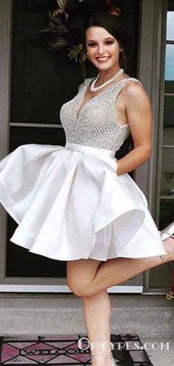 Charming V Neck White Short Cheap Homecoming Dresses With Heavy Beaded, TYP1969