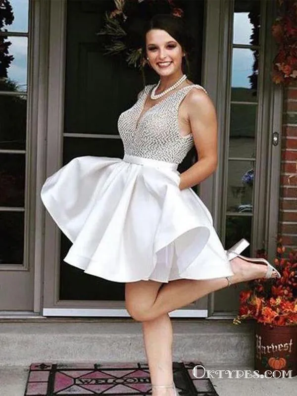 Charming V Neck White Short Cheap Homecoming Dresses With Heavy Beaded, TYP1969