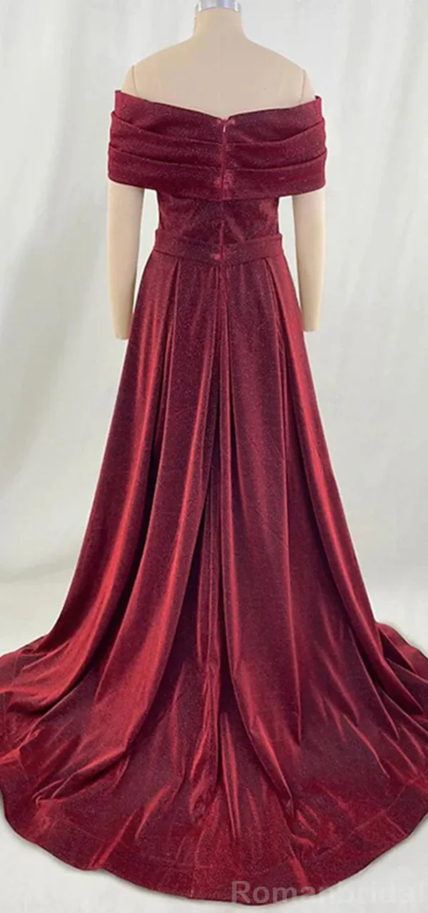 Elegant Off the Shoulder A-line Burgundy Evening Prom Dress with Front Slit, OL069