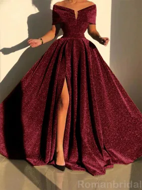 Elegant Off the Shoulder A-line Burgundy Evening Prom Dress with Front Slit, OL069