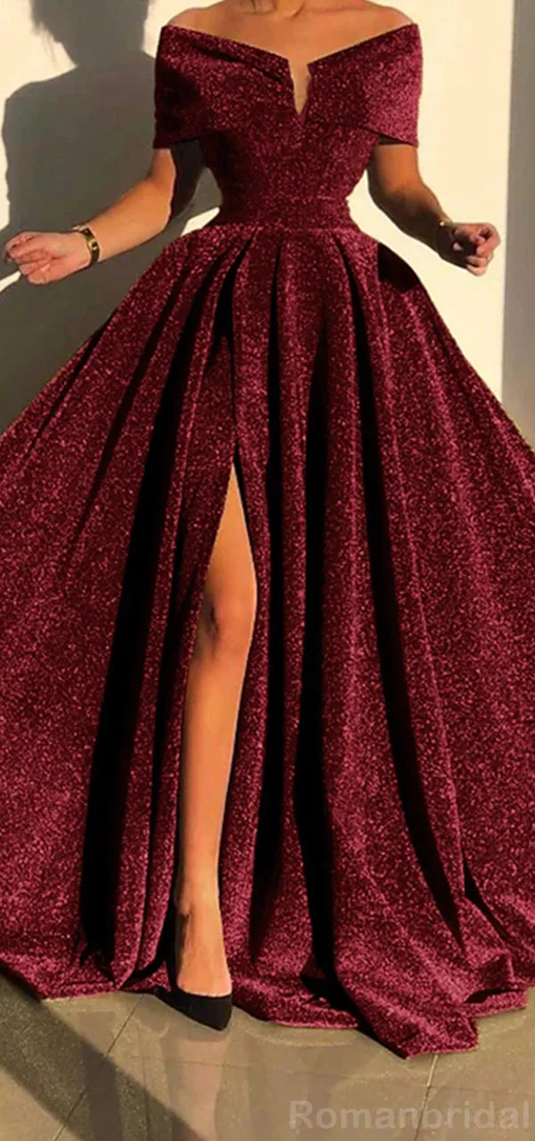 Elegant Off the Shoulder A-line Burgundy Evening Prom Dress with Front Slit, OL069