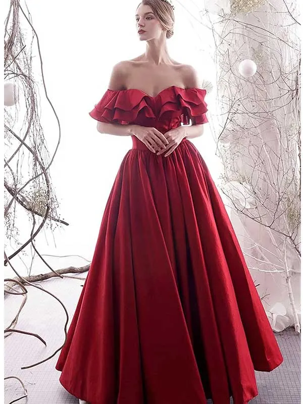 Elegant Off the Shoulder Red Satin Long Formal Evening Prom Dresses Online, BG161