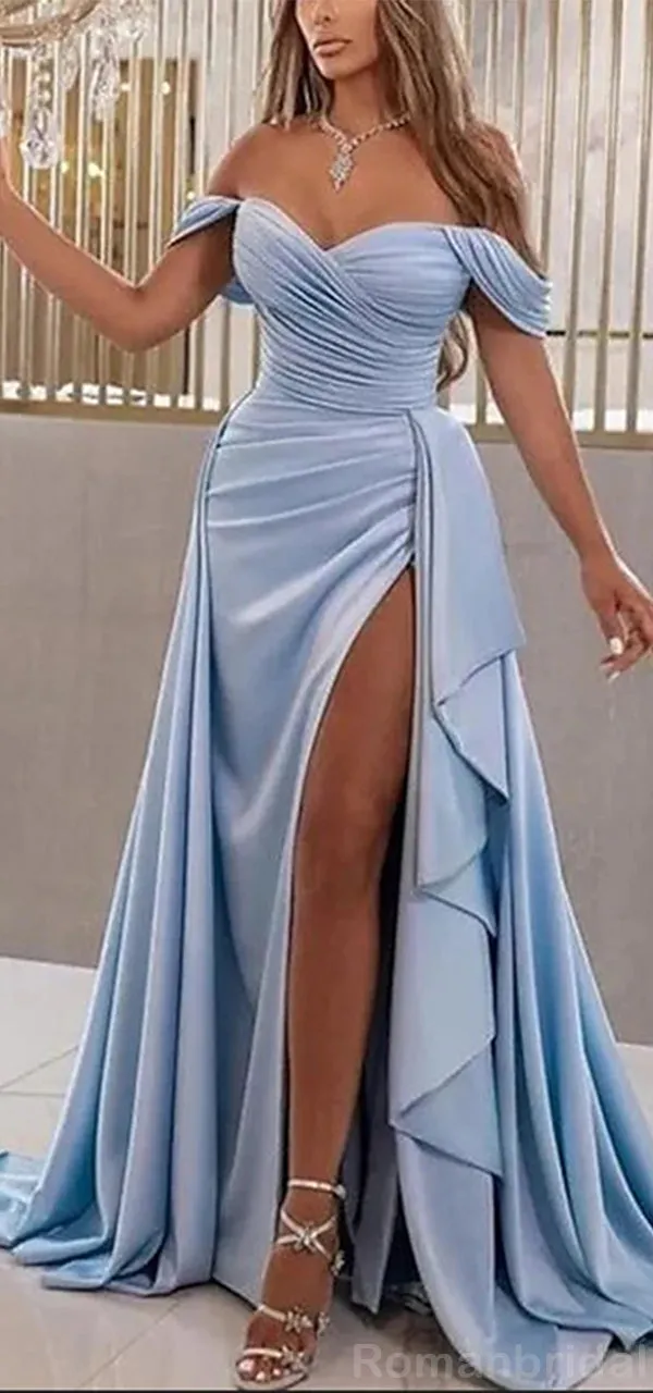 Elegant Off the Shoulder Sky Blue Mermaid Side Slit Evening Prom Dress Online, OL080