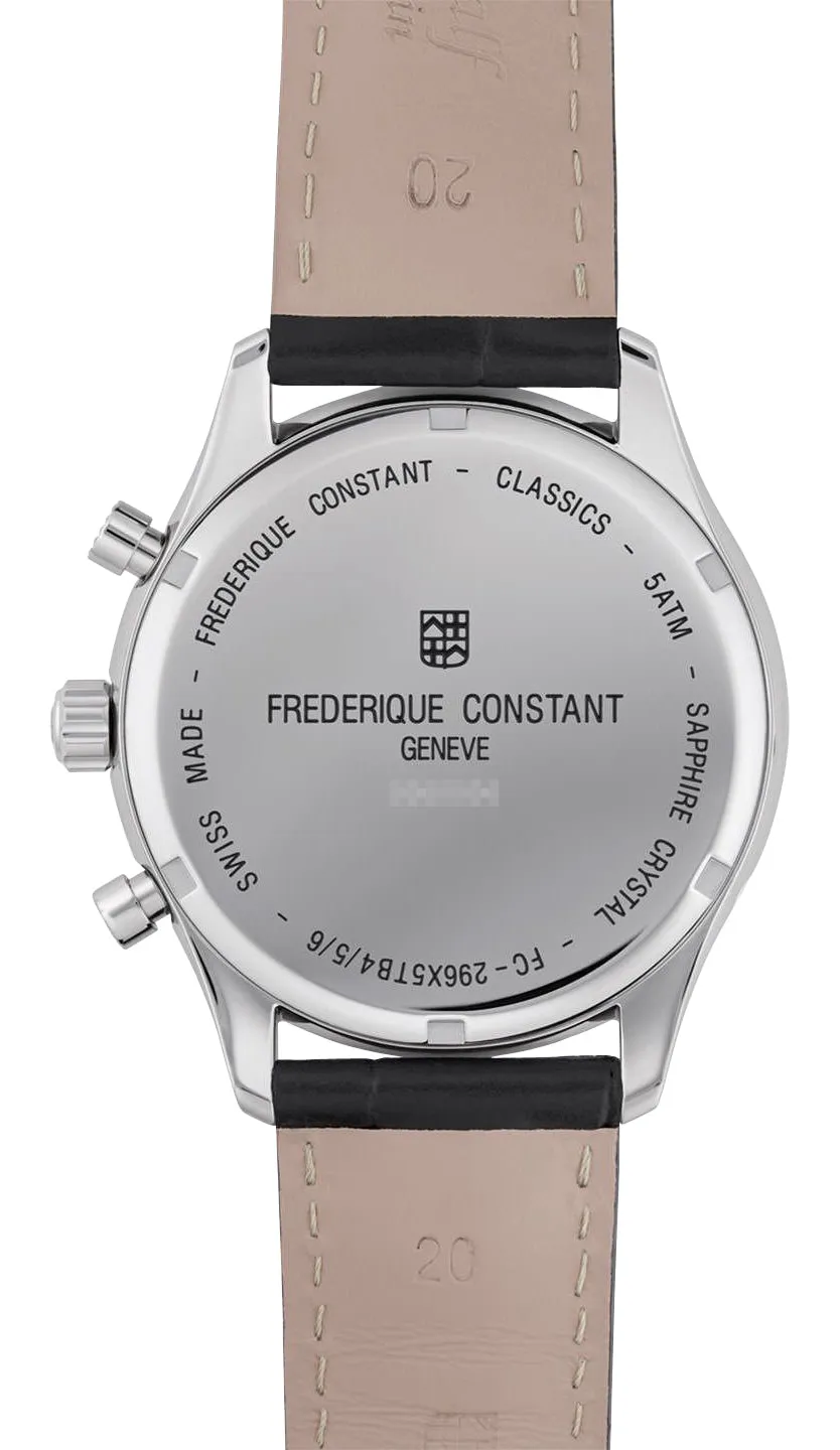 Frederique Constant Classics Chronograph Stainless Steel Silver Dial Black Leather Strap Day/Date Month Quartz Mens Watch FC-296SW5B6