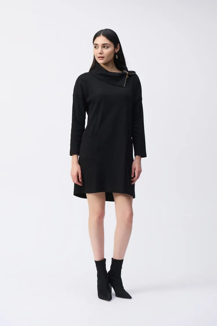 Joseph Ribkoff Black Needle Rib Zipper Collar Cocoon Dress