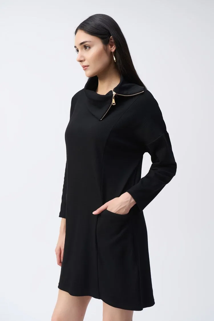 Joseph Ribkoff Black Needle Rib Zipper Collar Cocoon Dress