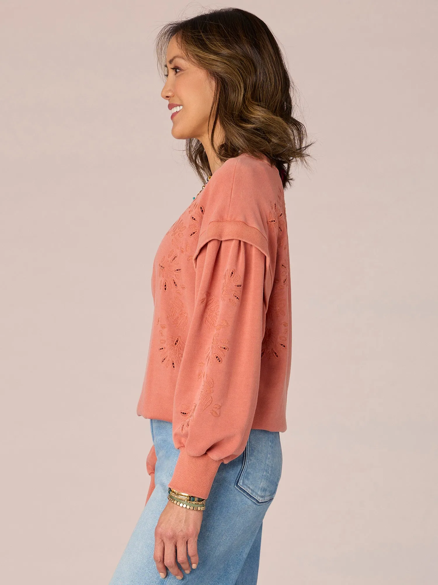 Long Flange Sleeve Scoop Neck Embroidered Petite Sweatshirt