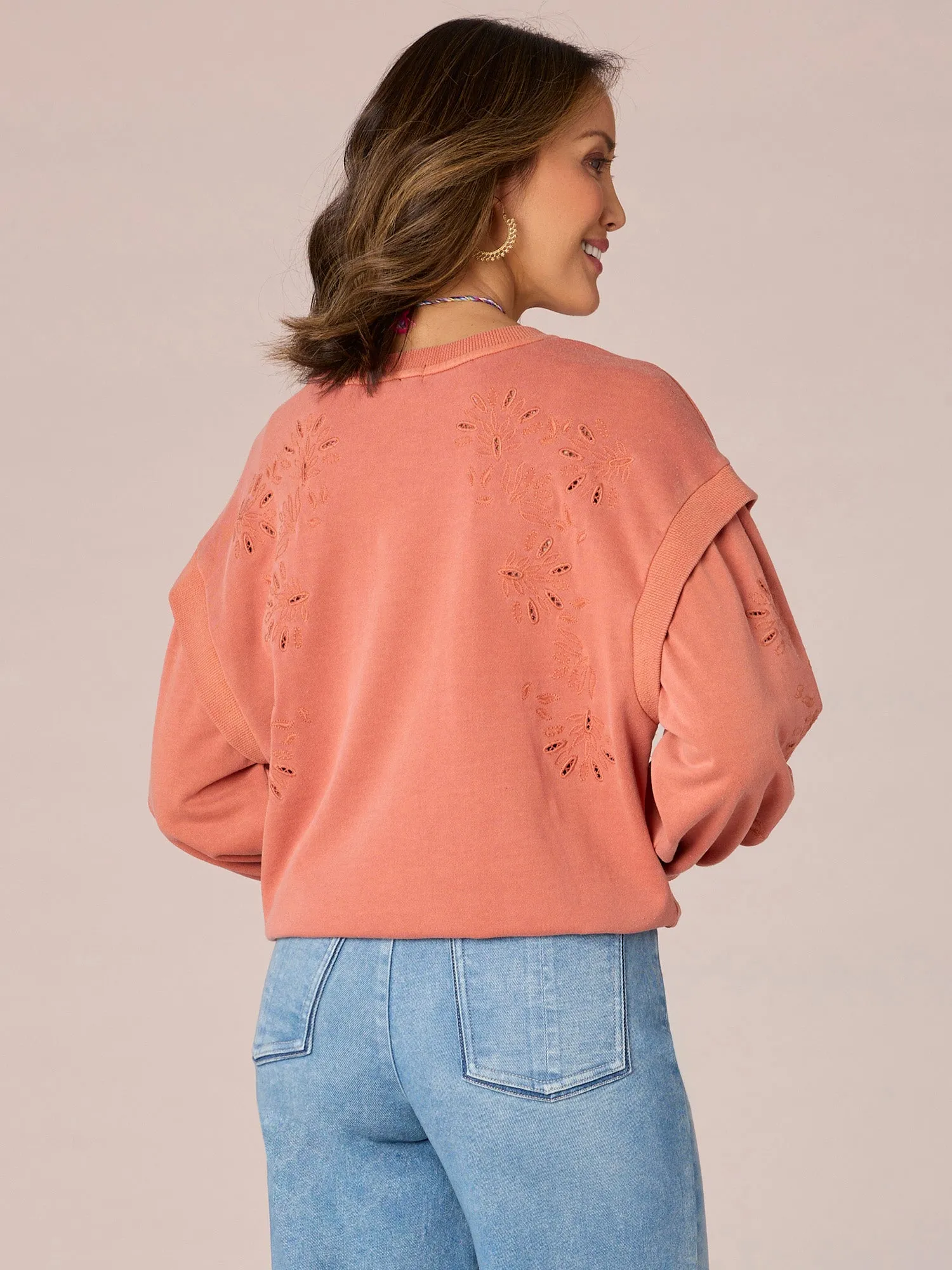 Long Flange Sleeve Scoop Neck Embroidered Petite Sweatshirt