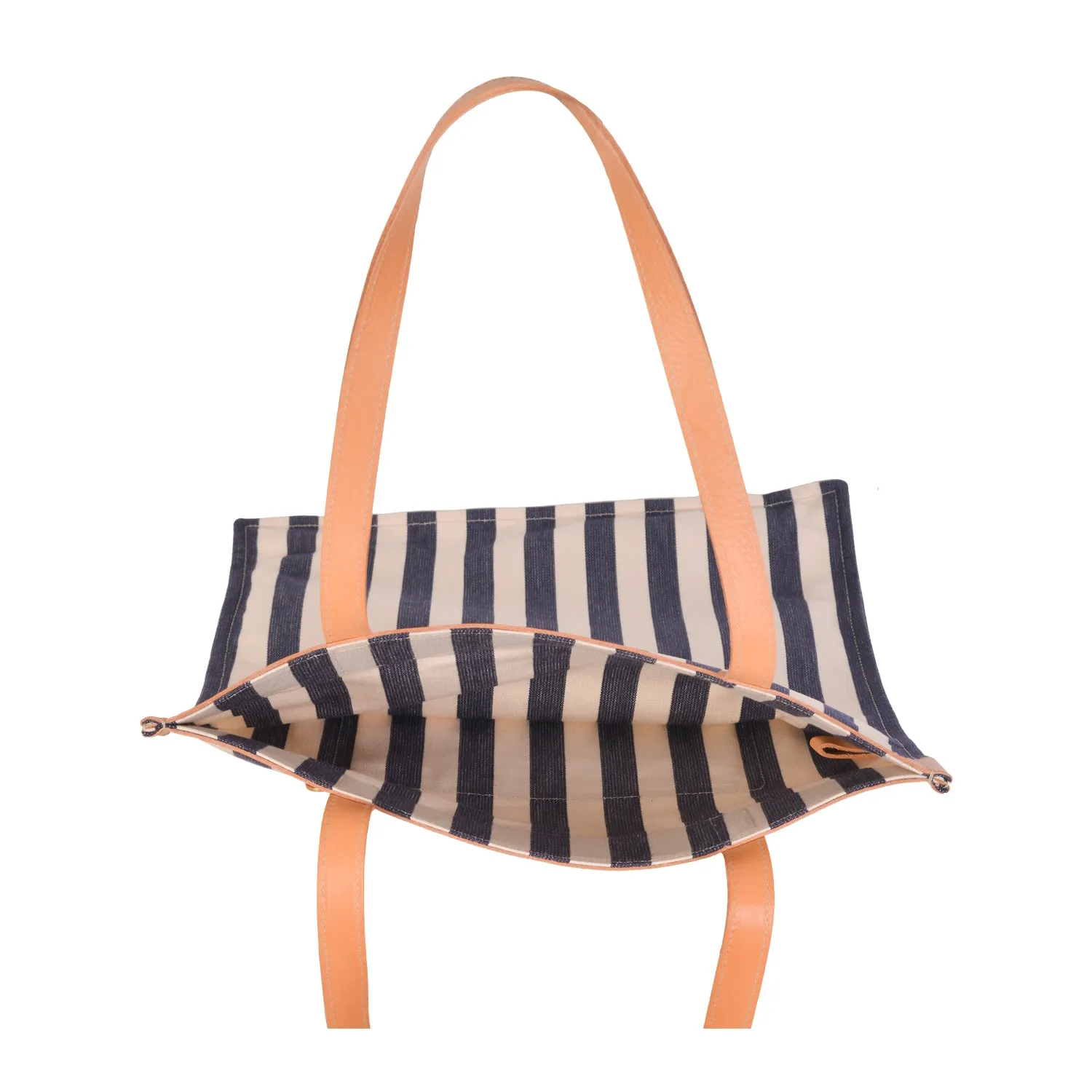 NEW IL BISONTE WOMEN'S FLAT TOTE BAG  IN BLACK AND WHITE STRIPED COTTON CANVAS