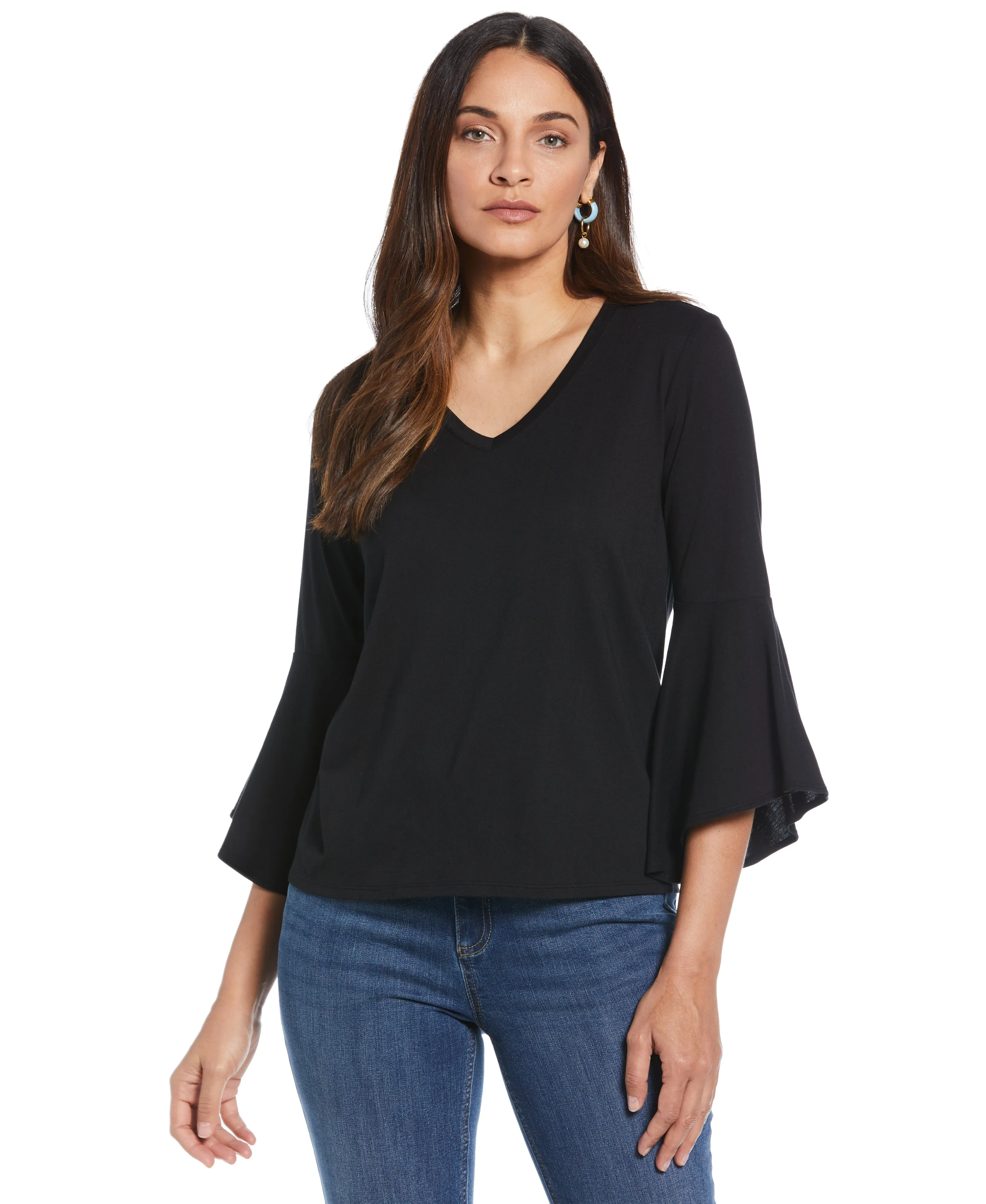 Petite Knit V-Neck Ruffle Sleeve Top