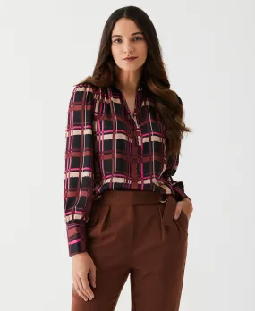 Petite Plaid Shirred Split Neck Blouse