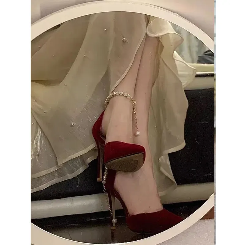 Pointed Toe Fine High Heel Women's Shoes Metal Buckle Strap Sexy Women's Shoes Wedding Shoes Bridal Bridesmaid Shoes Red Heels