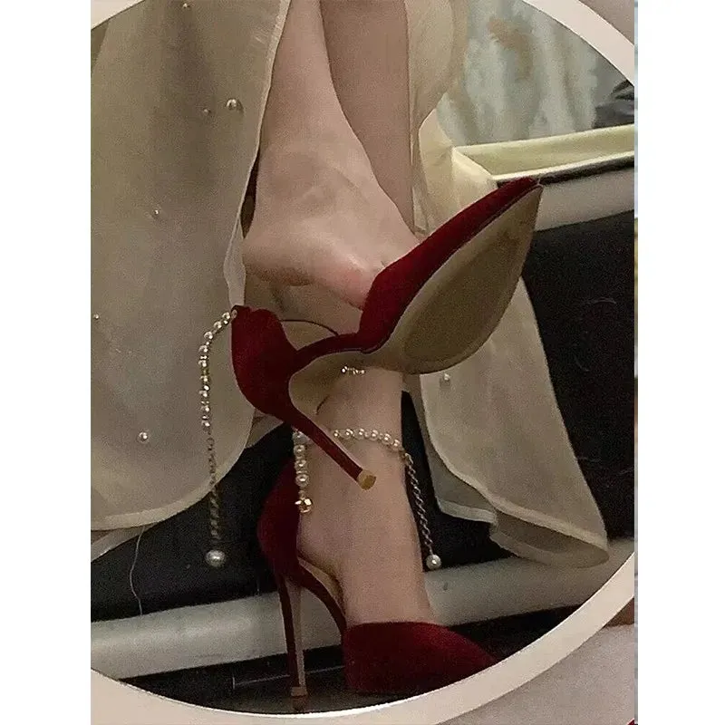 Pointed Toe Fine High Heel Women's Shoes Metal Buckle Strap Sexy Women's Shoes Wedding Shoes Bridal Bridesmaid Shoes Red Heels