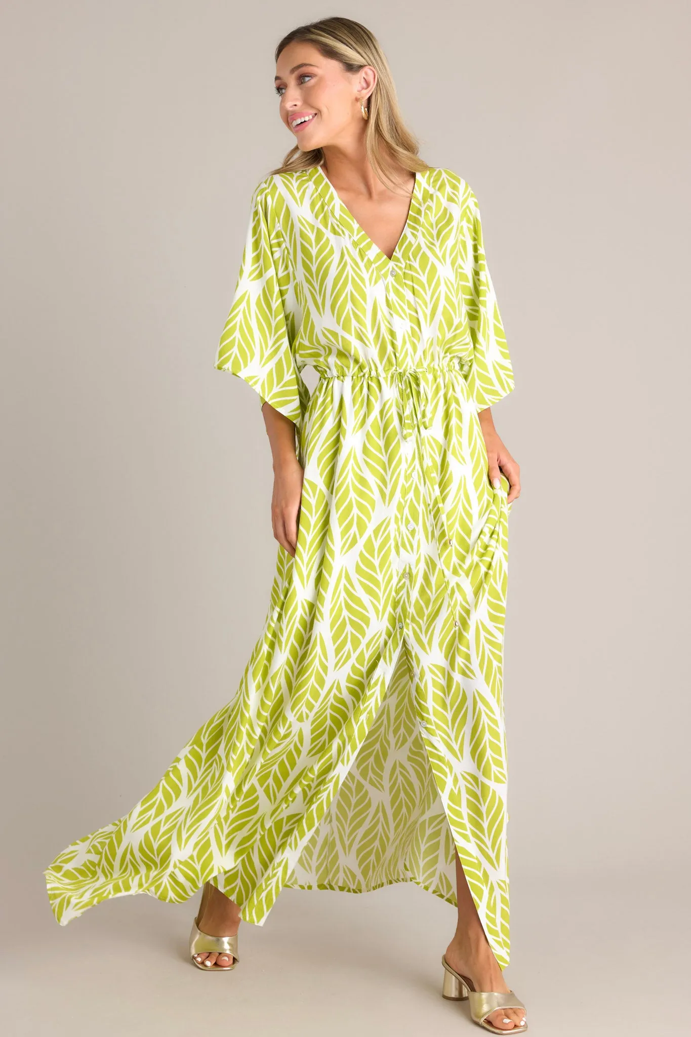 Sunset Palms Lime Green Tropical Print Button Front Maxi Dress