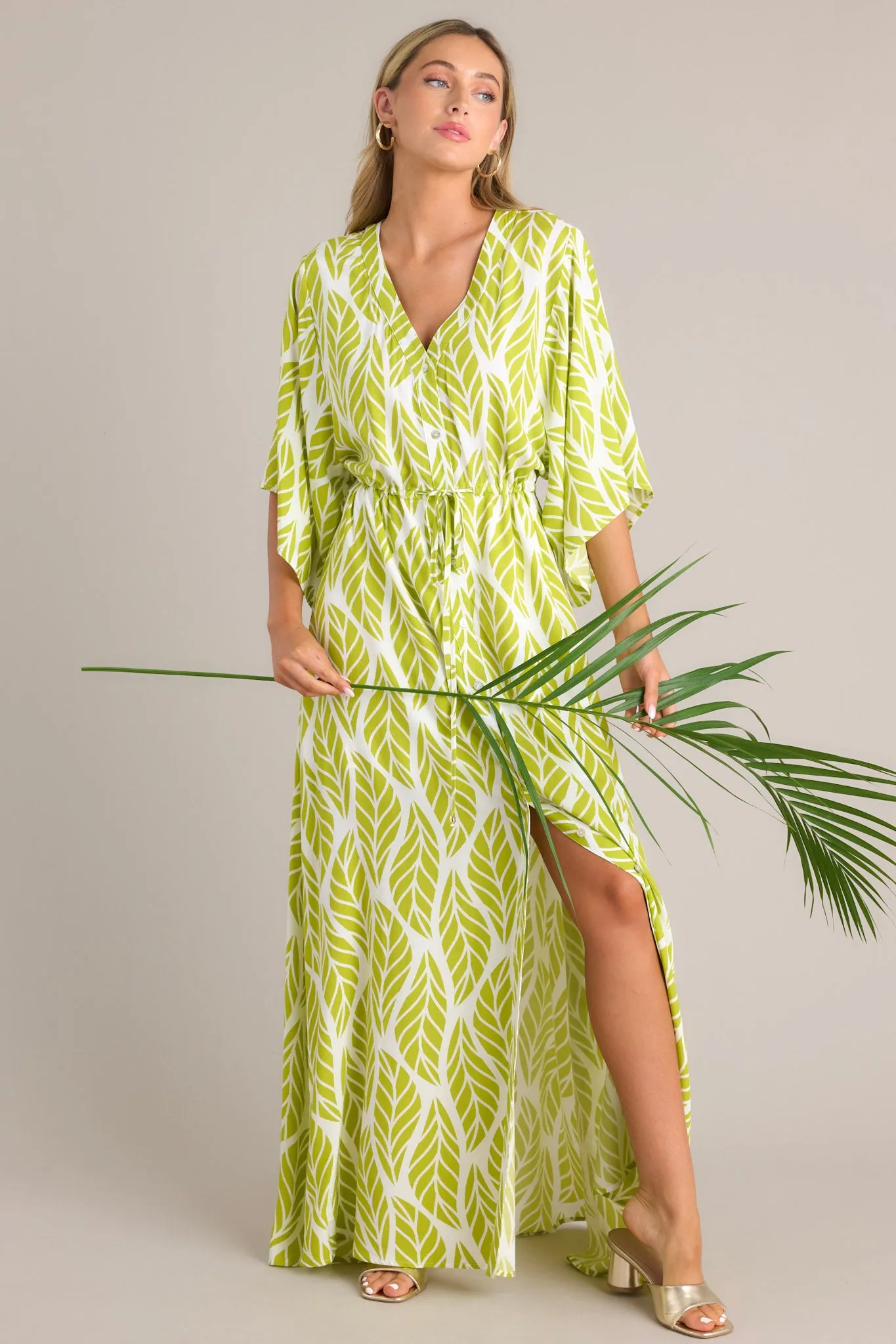 Sunset Palms Lime Green Tropical Print Button Front Maxi Dress