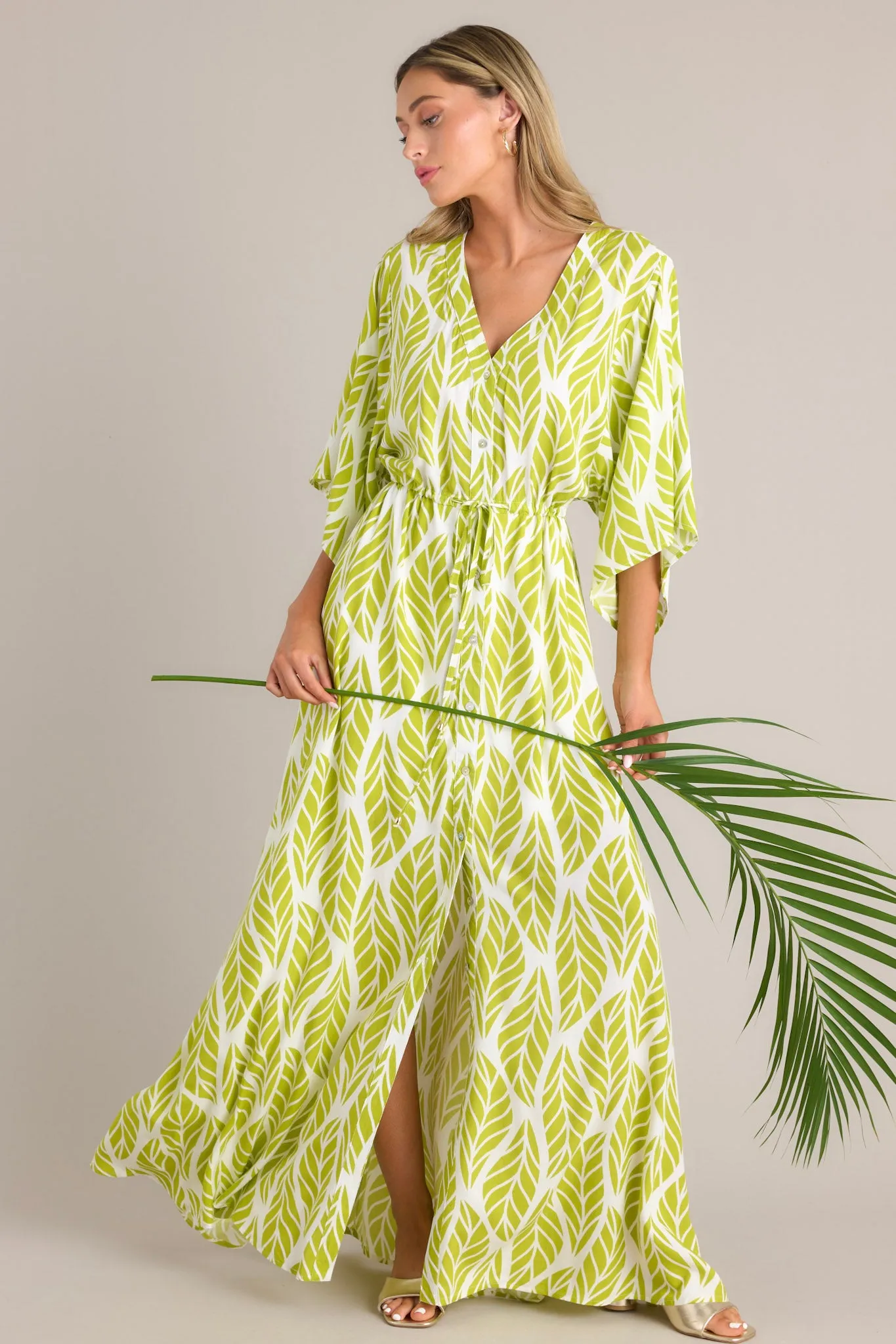 Sunset Palms Lime Green Tropical Print Button Front Maxi Dress