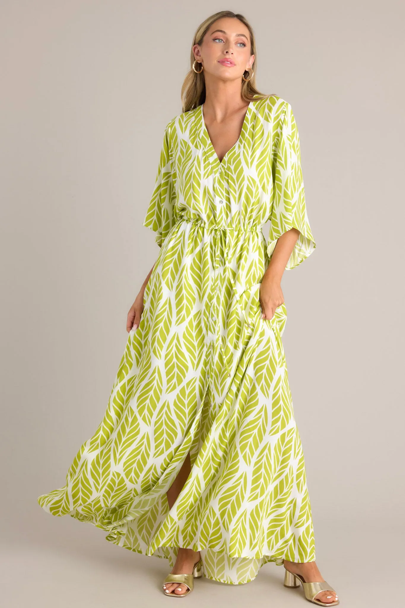 Sunset Palms Lime Green Tropical Print Button Front Maxi Dress