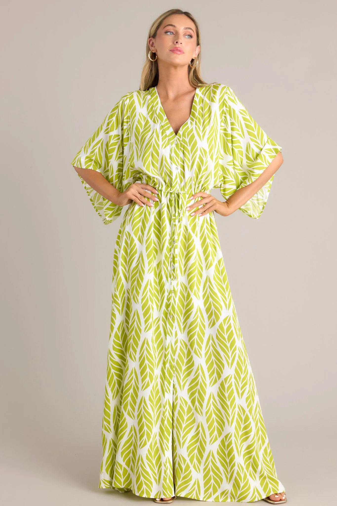 Sunset Palms Lime Green Tropical Print Button Front Maxi Dress