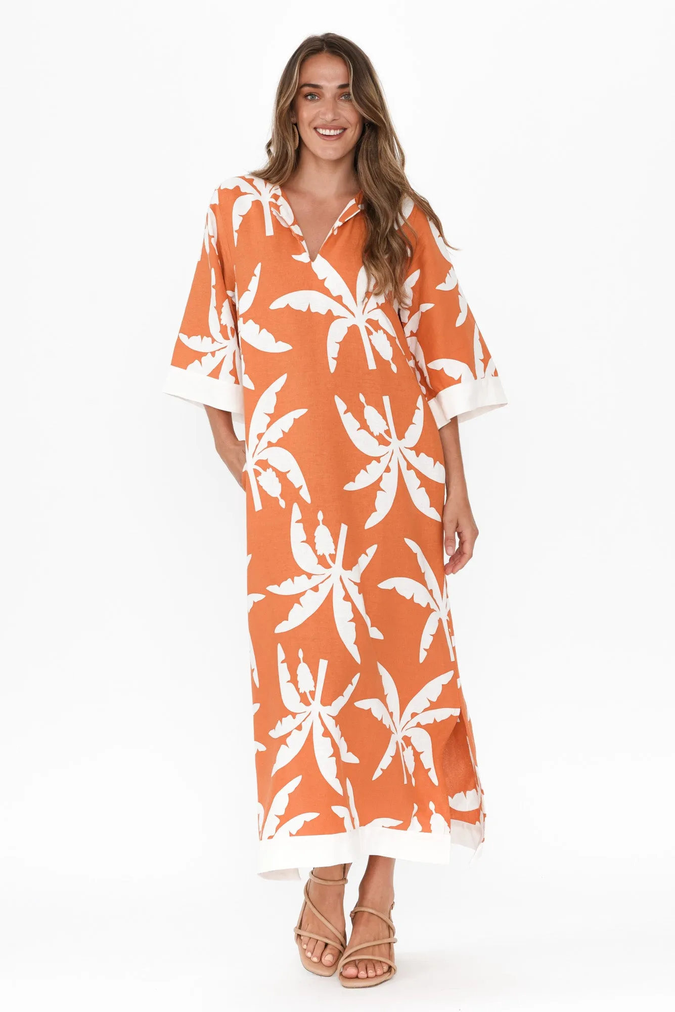 Tessie Orange Tropical Linen Kaftan