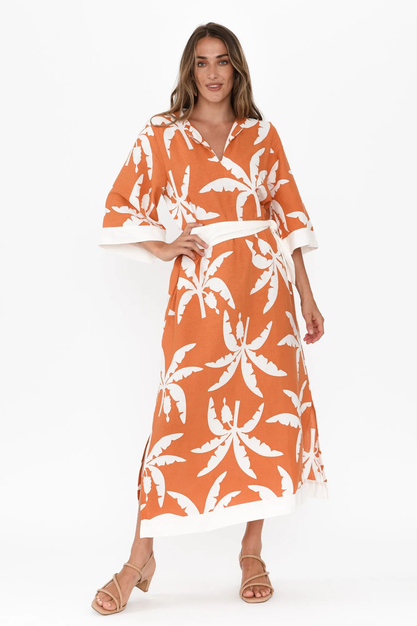 Tessie Orange Tropical Linen Kaftan